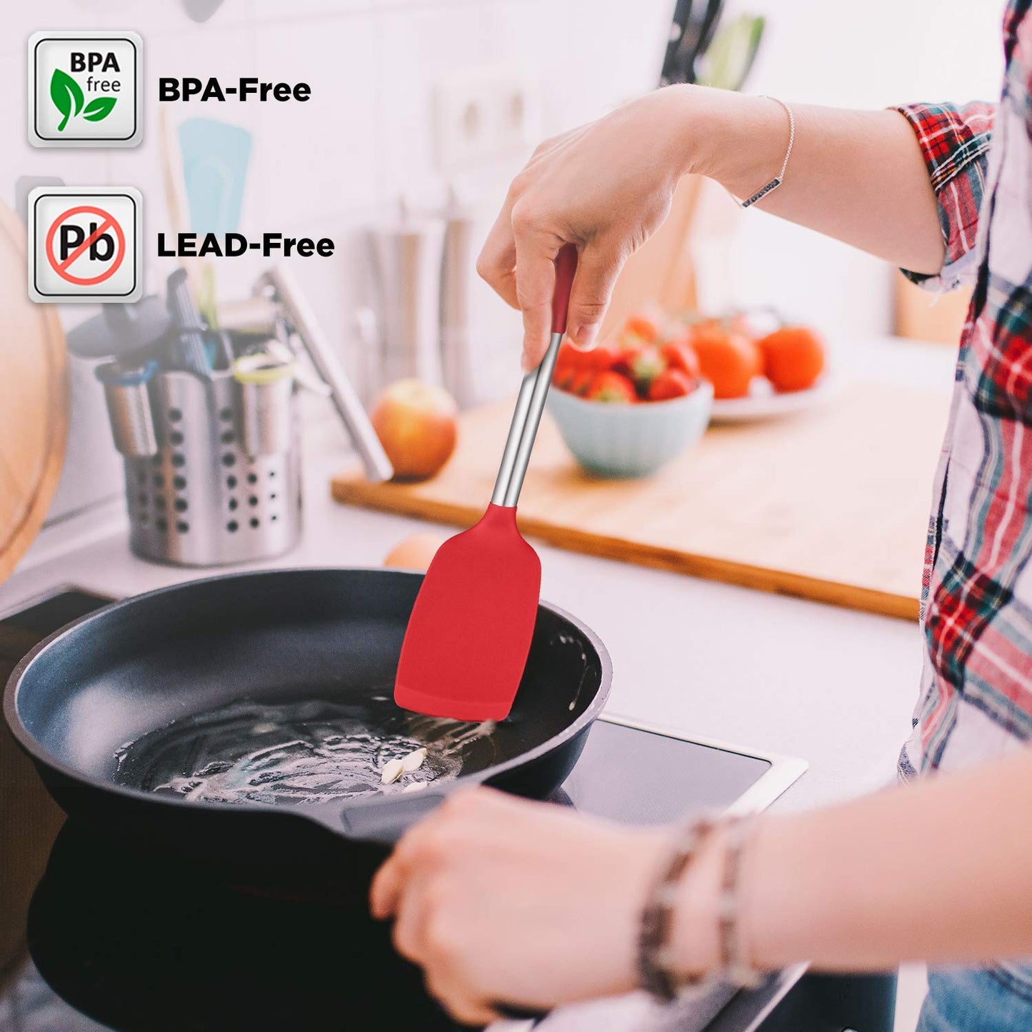 ORBLUE Silicone Cooking Utensil Set, 14-Piece Kitchen Utensils with Holder, Safe Food-Grade Silicone Heads and Stainless Steel Handles with Heat-Proof Silicone Handle Covers, Red