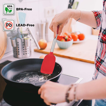 ORBLUE Silicone Cooking Utensil Set, 14-Piece Kitchen Utensils with Holder, Safe Food-Grade Silicone Heads and Stainless Steel Handles with Heat-Proof Silicone Handle Covers, Red