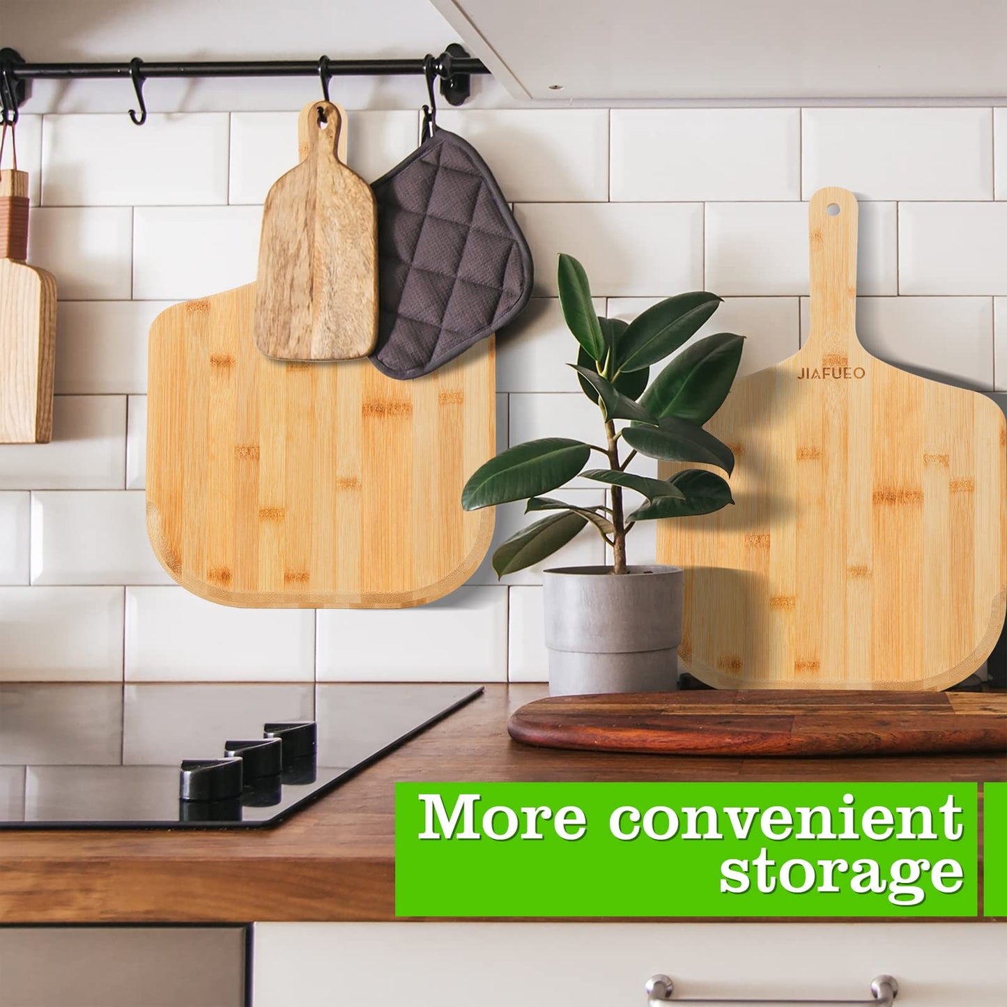 JIAFUEO Pizza Peel 12 inch, Bamboo Pizza Paddle Spatula - Wooden Serving Board, Oven Accessory for Baking Homemade, Wood Cutting Board for Cheese Bread Fruit Vegetables