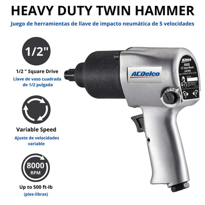 ACDelco ANI405A Heavy Duty Twin Hammer ½” 500 ft-lbs. 5-Speed Pneumatic Impact Wrench Tool Kit