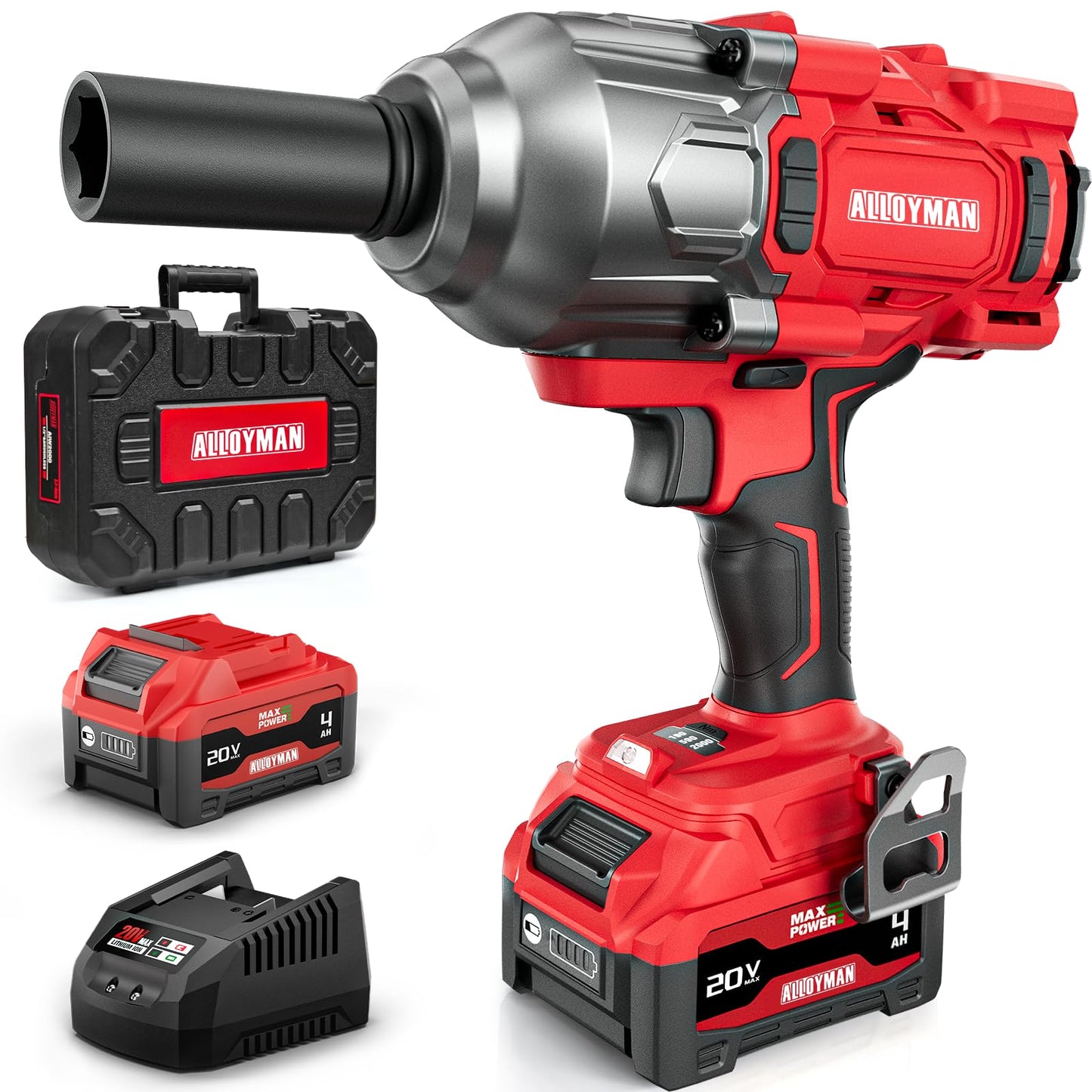 Alloyman Cordless Impact Wrench, 1475Ft-lbs (2000N.m) 1/2 High Torque Brushless Impact Gun, 20V Power Impact Driver, 4000mAh Battery,3 Sockets, Brushless Motor Variable Speeds for Car/Truck RV/Mower