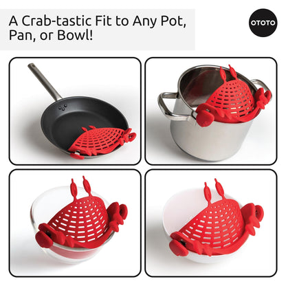 NEW Crabby Clip-On Strainer by OTOTO - Silicone and Stainless Steel Pasta Strainer, Funny Gifts, Cute Kitchen Accessories, Red Crab, Cool Kitchen Gadgets