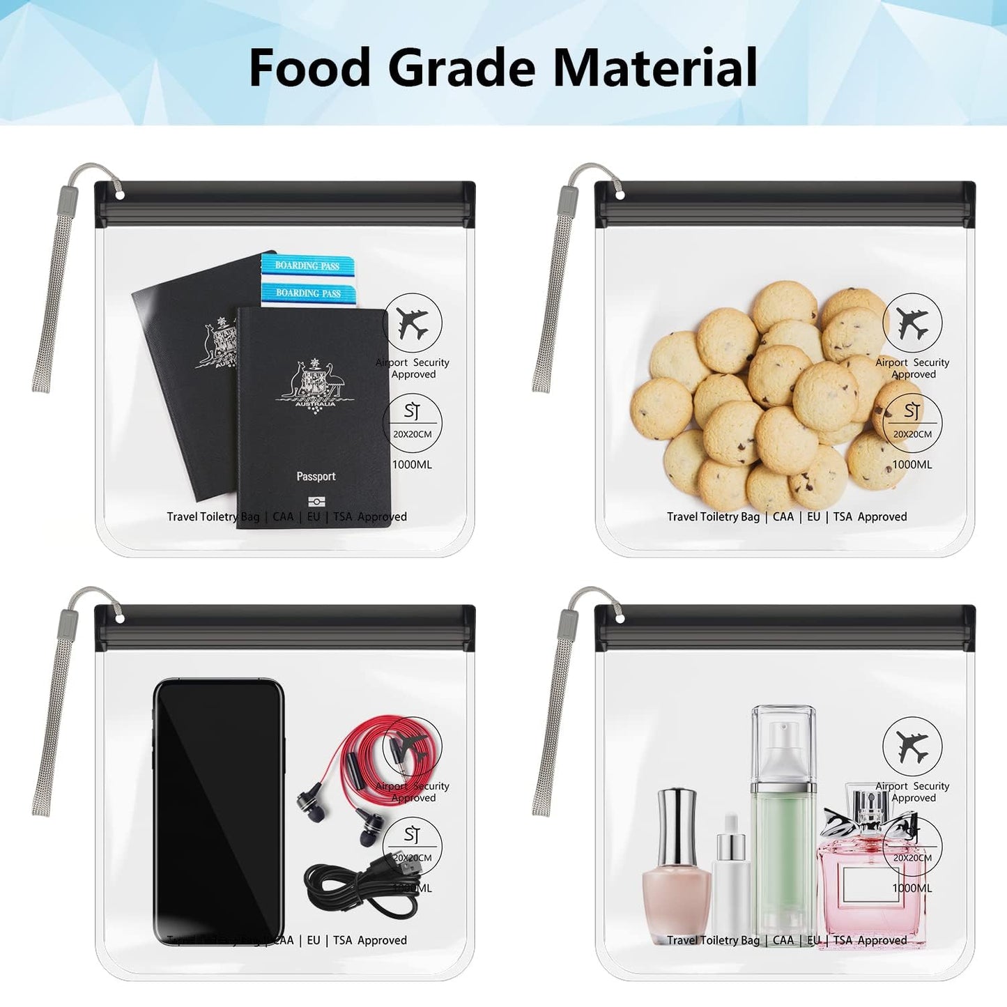 4Pcs Clear TSA Approved Security Toiletry Bag Quart Size for EU UK & US Carry-on Regulations Waterproof & Leakproof Travel Bags for Liquids