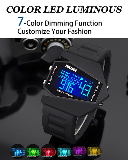 Gosasa Men Sports Military Watches Digital Airplane Shaped LED Colorful Light Watches (Black) (Black)