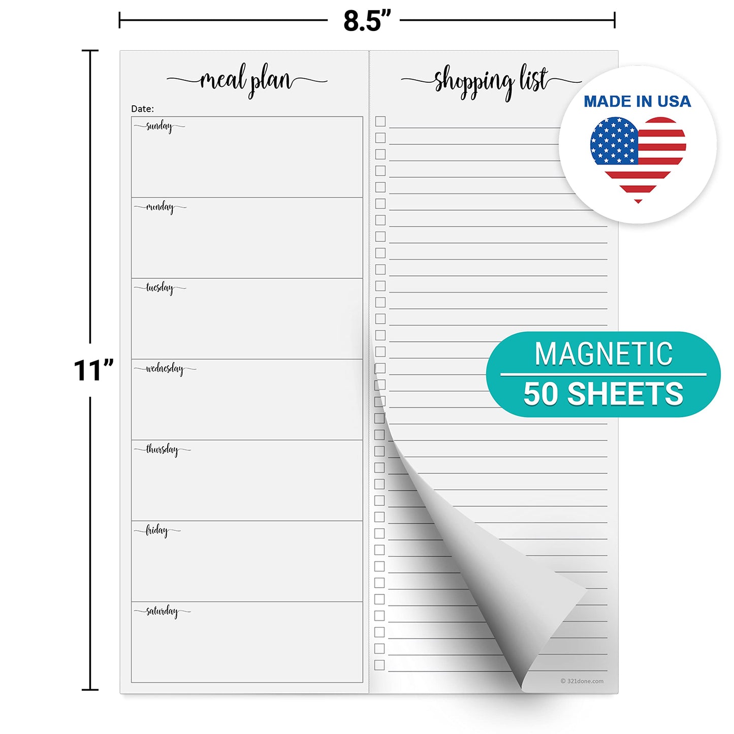 321Done Magnetic Meal Planning Notepad - Large Letter Size (8.5x11) Weekly Menu Planner Tear-Off Refrigerator Fridge Shopping List Meals Grocery Memo Pad - Perforated Sunday Start, Made in USA
