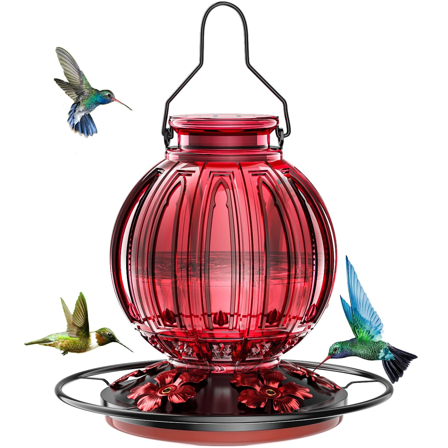 Glass Hummingbird Feeder for Outdoors Hanging, 26Oz Bird Nectar Feeder with Perch & 5 Flower Feeding Ports, Leak Proof for Outside Garden Decor Backyard, Gifts for Women Mom, Red