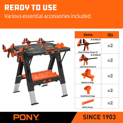 Pony Portable Folding Work Table, 2-in-1 as Sawhorse & Workbench, 31” W×25” D×25”-35”H, Large Load Capacity with 4pcs Clamps, 4pcs Bench Dogs