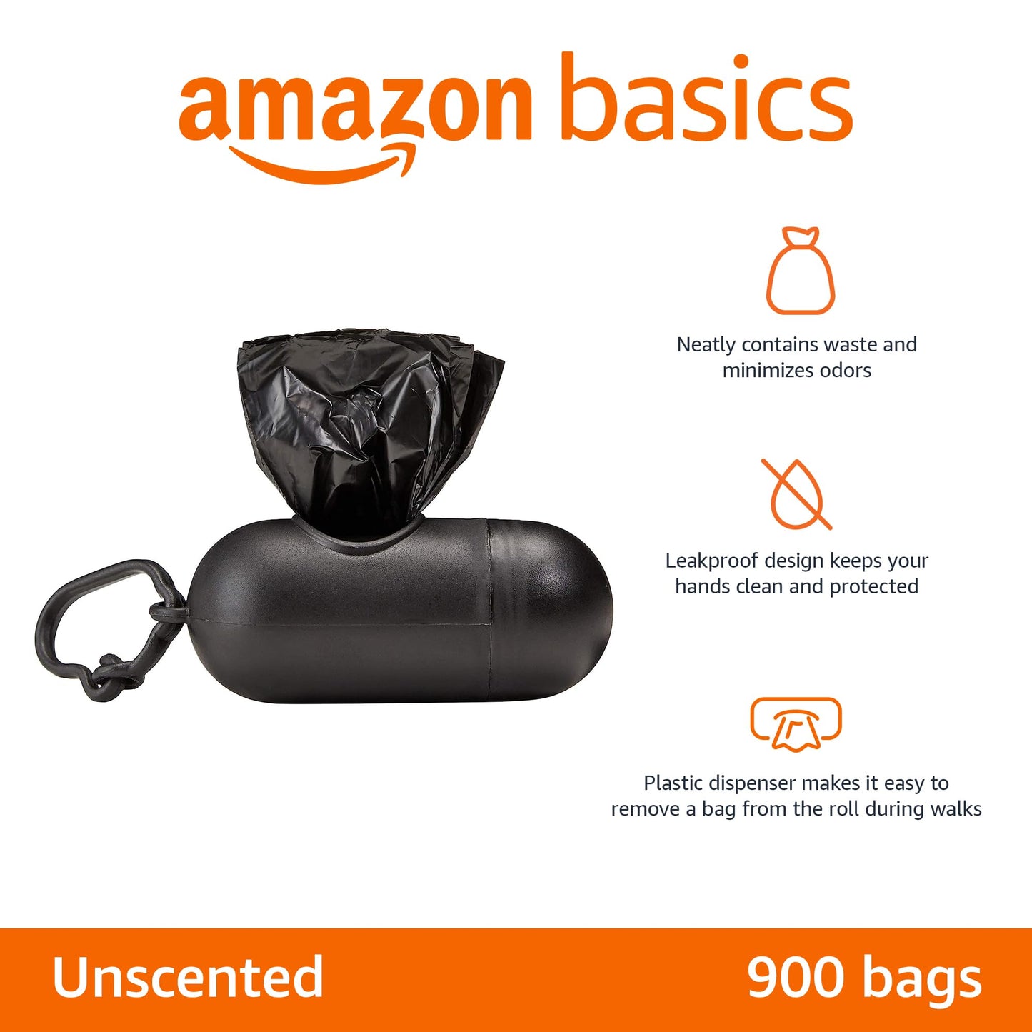 Amazon Basics Dog Poop Bags with Dispenser, 900 Count, Enhanced for Guaranteed Leakproof, Unscented, Includes Leash Clip