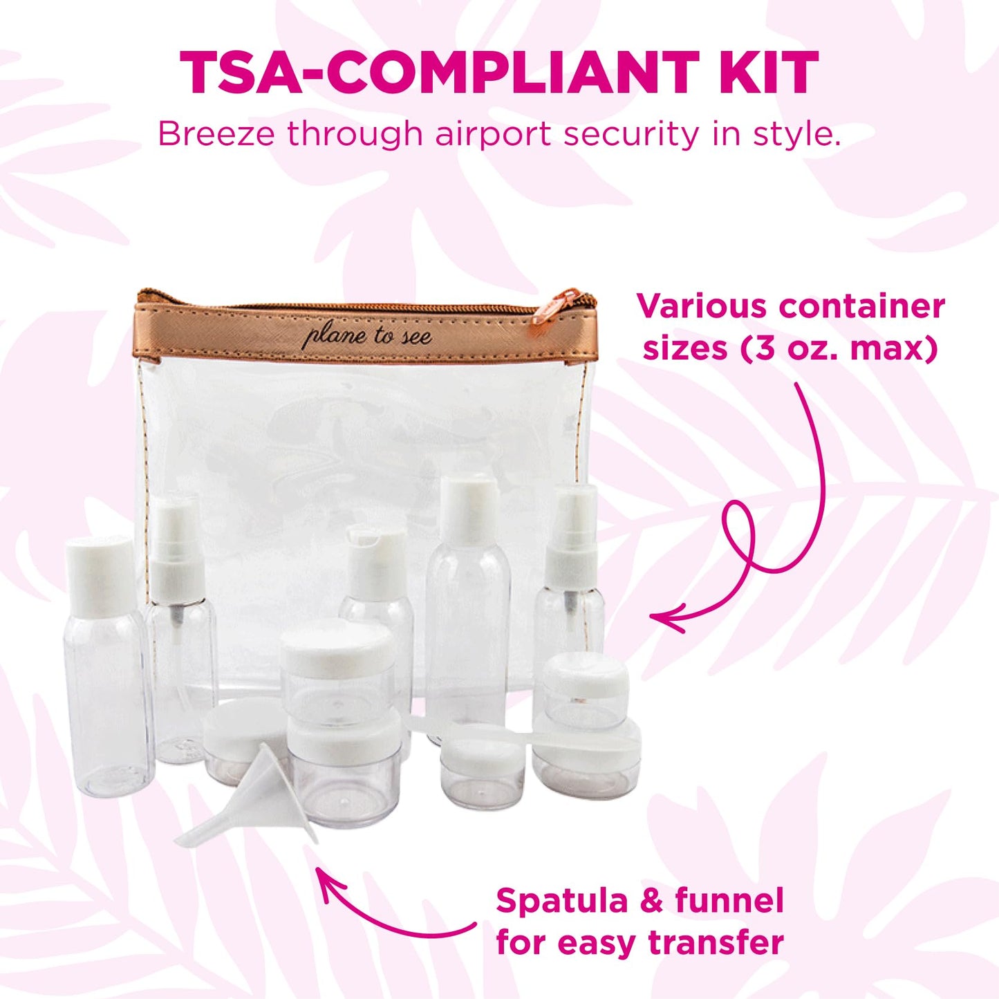 Miamica Women's Travel Bottle Kit, Clear & Rose Gold, 7.5" x 6.5" x 1.25"