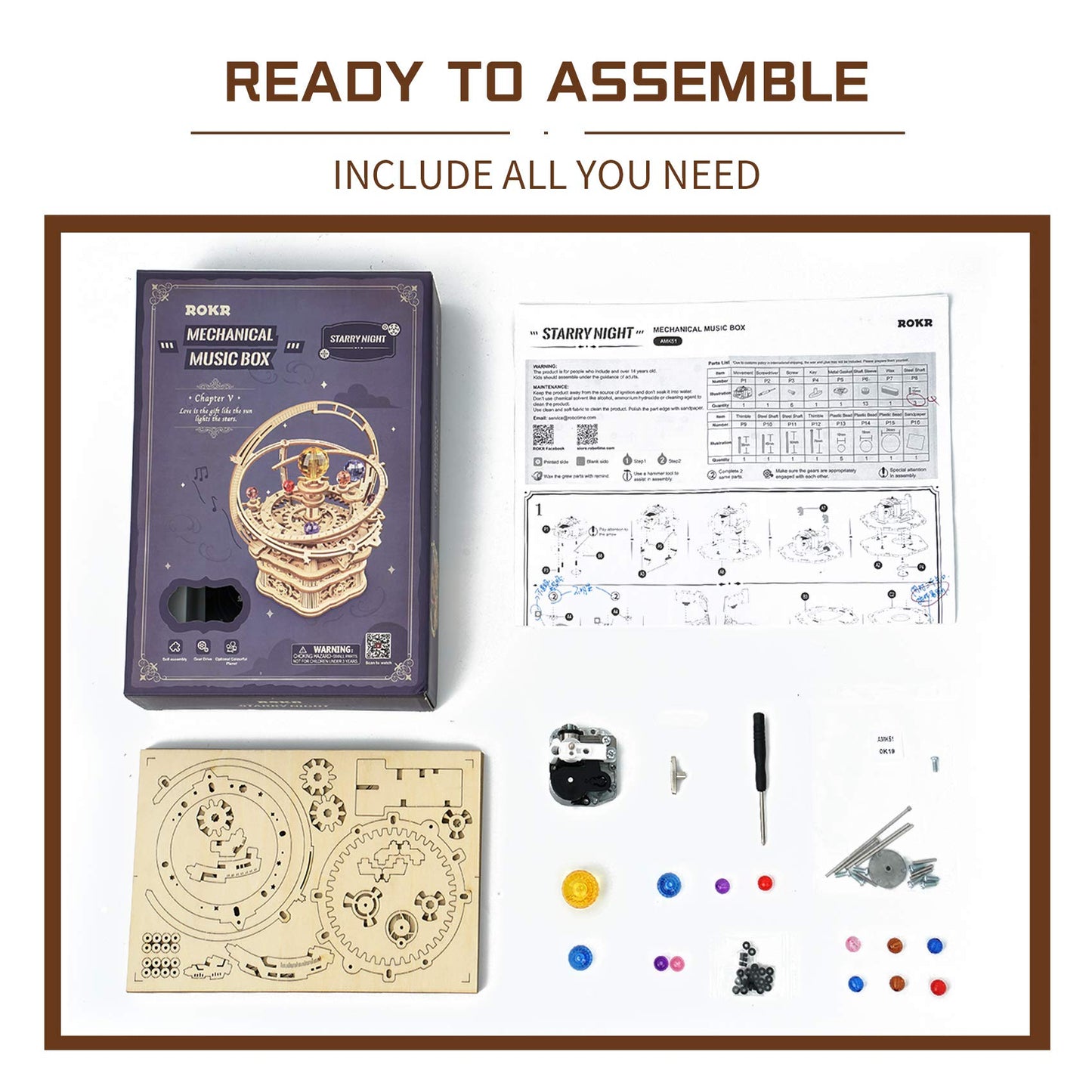 ROKR 3D Wooden Puzzles for Adults Mechanical Music Box-Starry Night, DIY Rotating Music Box Model Building Kits for Teens, DIY Crafts/Hobbies/Gifts Desk Decor for Boys Ages 14+ (Starry Night)