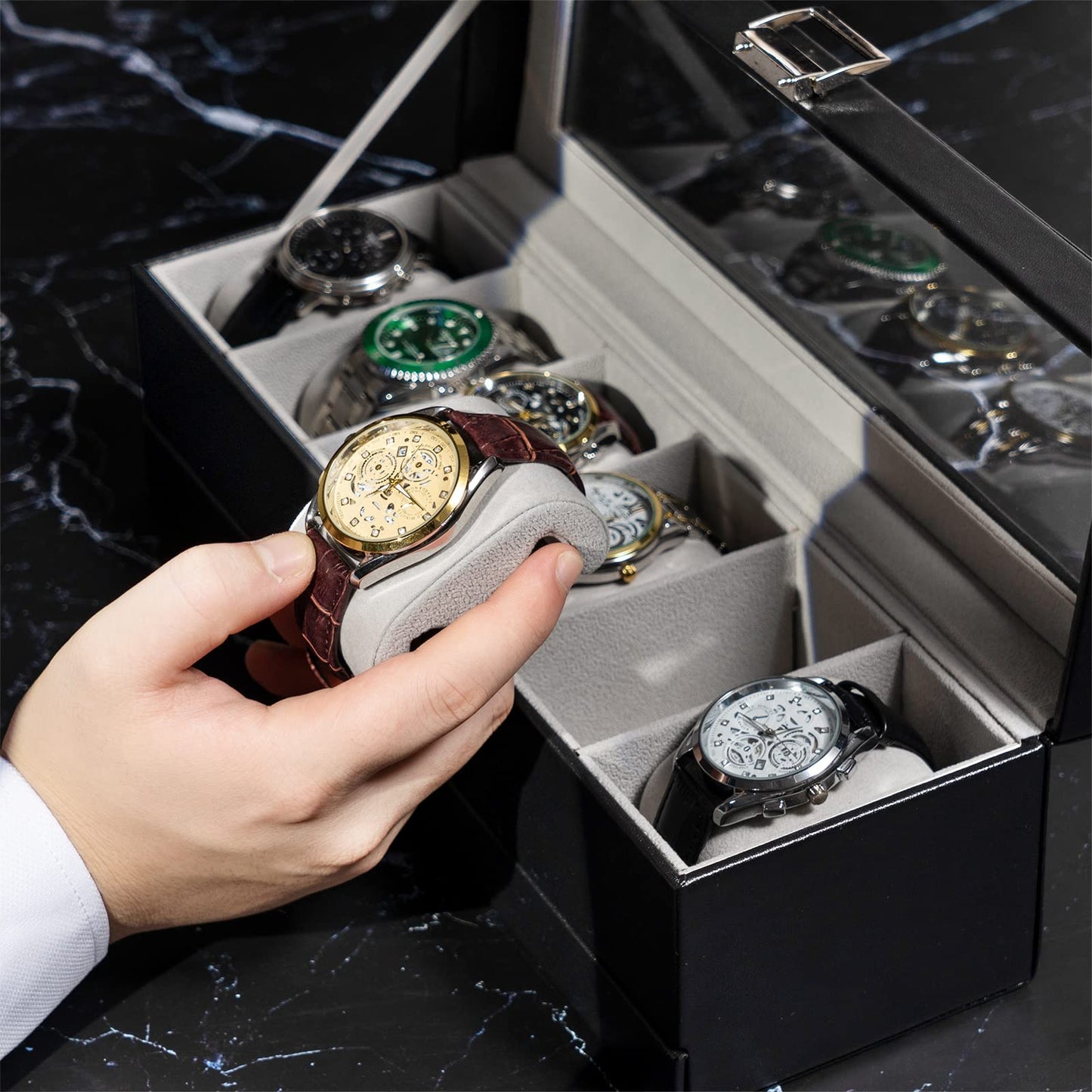 ProCase Watch Box for Men, 6 Slot Watch Display Case with Drawer, Mens Watch Case With Glass Lid, 2-Layer Jewelry and Watch Storage Watch Holder Organizer for Men Women -6 Slot, Black