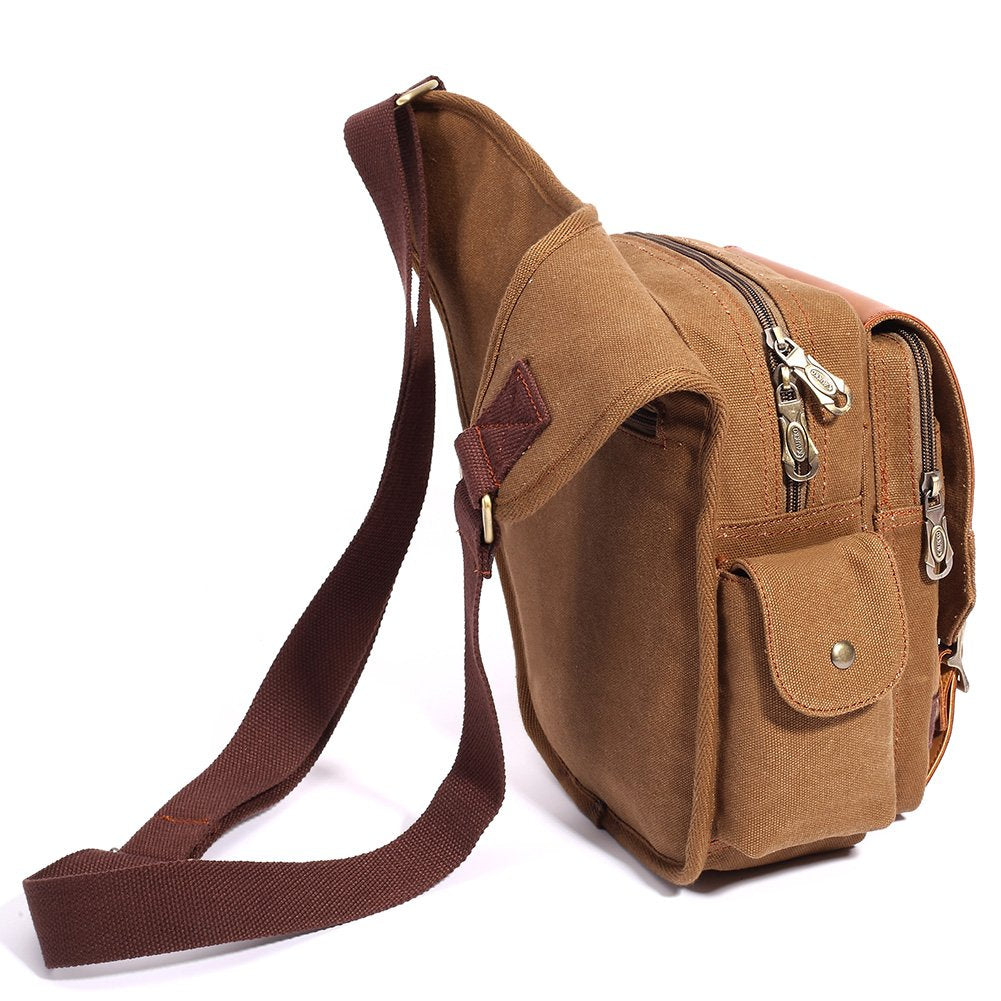 Mens Vintage Canvas Shoulder Bag Military Messenger Sling Bags Chest Leather Bag(SG255-Canvas Khaki)