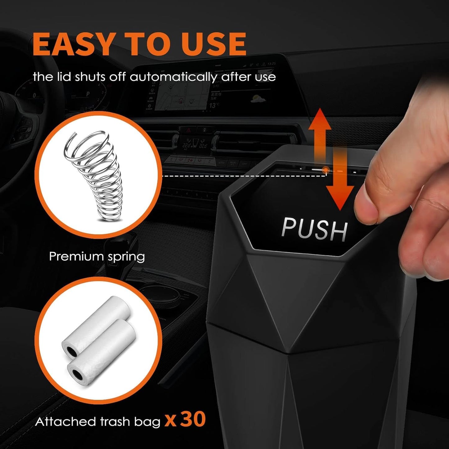 HOTOR Car Trash Can with Lid - 2 Pack, Car Accessories for Interior, Leakproof Vehicle Garbage Can with 30 Attached Trash Bags, Multipurpose Organizers and Storage for Home, Office, Black