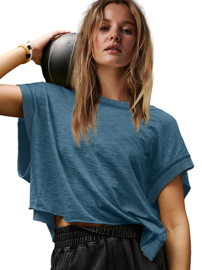 Panadila Womens Open Back Workout Top Oversized Workout T Shirts Backless Athletic Shirt Short Sleeve Baby Tee (Navy,X-Small)