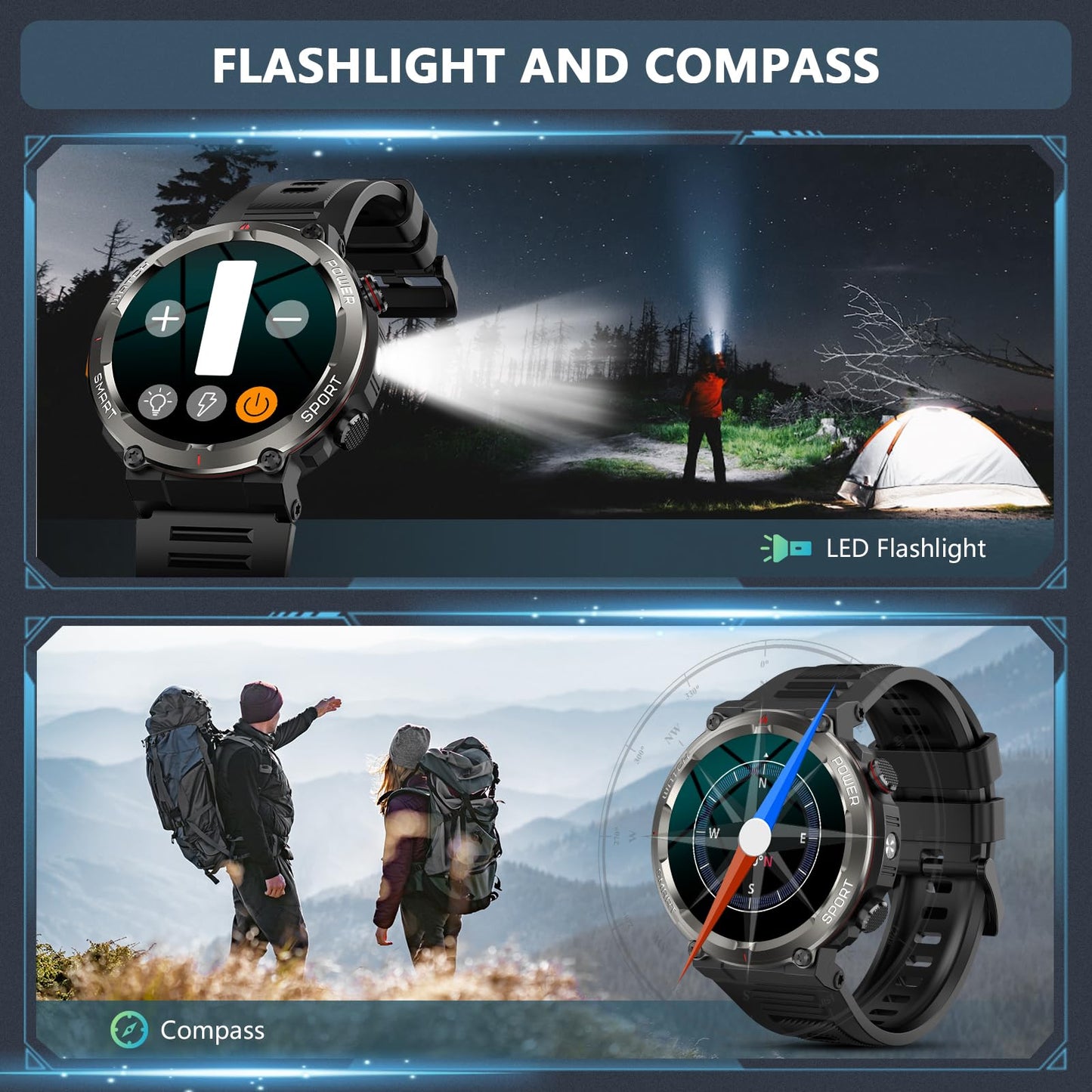 Military Smart Watch for Men, 100 Days Battery/Led Flashlight/Compass/2 Straps/IP68 Waterproof Smart Watches for Men, Tactical Smart Watch Outdoor, Answer/Make Calls Fitness Tracker for iPhone/Android