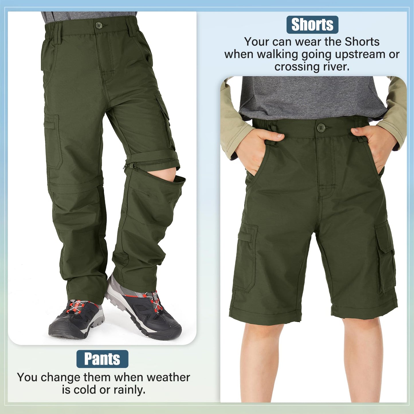 linlon Kids' Cargo Pants, Boy's Casual Outdoor Quick Dry Waterproof Hiking Climbing Convertible Trousers #9016-Army Green-XXS