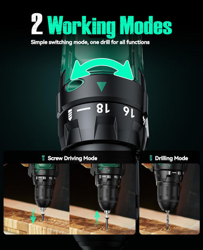 KIMO 20V Cordless Drill Set with 2 Packs 2.0Ah Battery, Max 350 In-lb Torque, 1350 RPM, 3/8" Keyless Chuck, 18+2 Clutch Setting, 18pcs Accessories, Power Drill for Drilling Wood Bricks Walls Metal