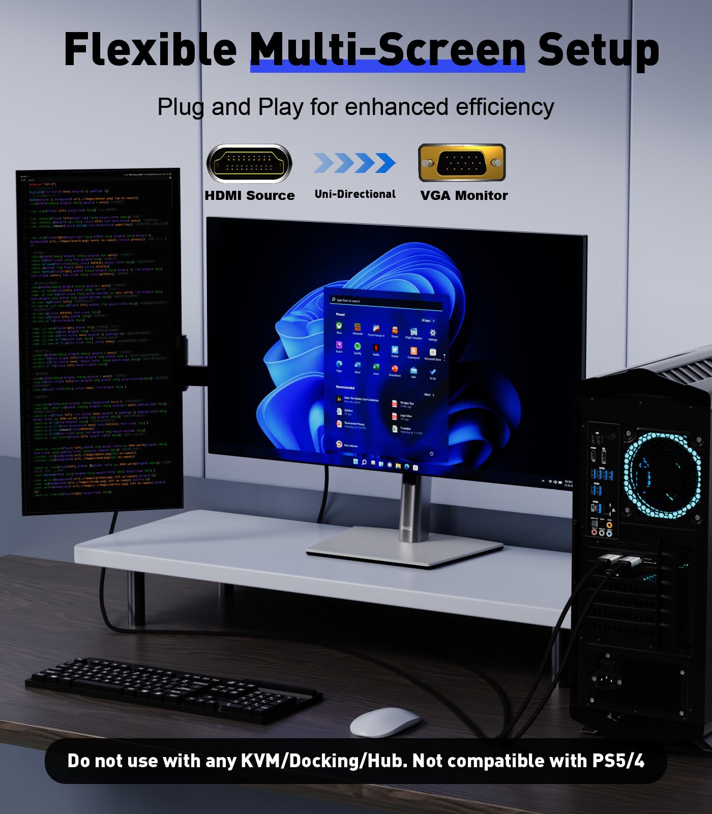 HDMI to VGA Adapter Cable 6FT [Metal Case, Nylon Cable] 1080P@60Hz HDMI Male to VGA Male Uni-Directional Braided Cord for Computer, Laptop, Monitor, Roku, Xbox, Graphics Card More