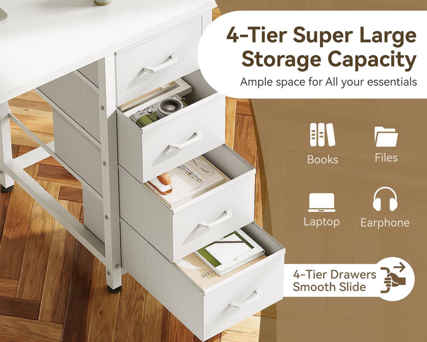 ODK 40 Inch Small White Computer Desk with 4 Fabric Drawers, Modern Office Desk for Home Office Gaming with Storage Shelves Study, White