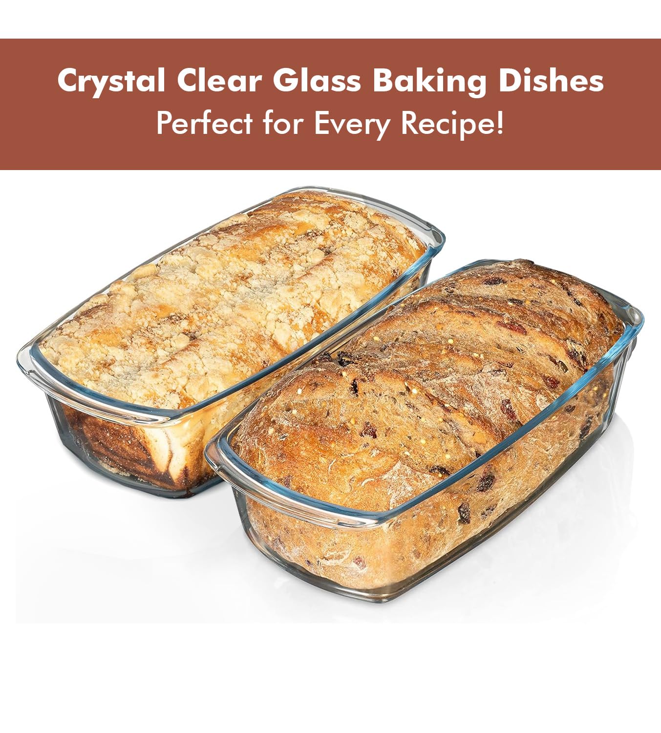 Razab LARGE 7.6 Cups/1800 ML/1.9 Qt Glass Loaf Pan with Lids (Set of 2) - Meatloaf Pan BPA free Airtight Lids Grip Handle Easy Carry, Microwave and Oven Safe - Loaf Pans For Baking Bread, Cakes