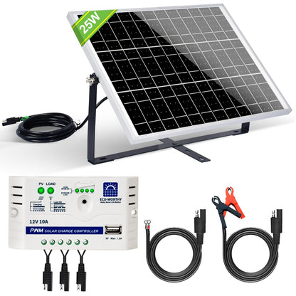 ECO-WORTHY 25 Watts 12V Off Grid Solar Battery Charger Kit: Waterproof Solar Panel + Adjustable Mount Bracket + SAE Connection Cable +10A Charge Controller for Car RV Marine Boat 12V Battery