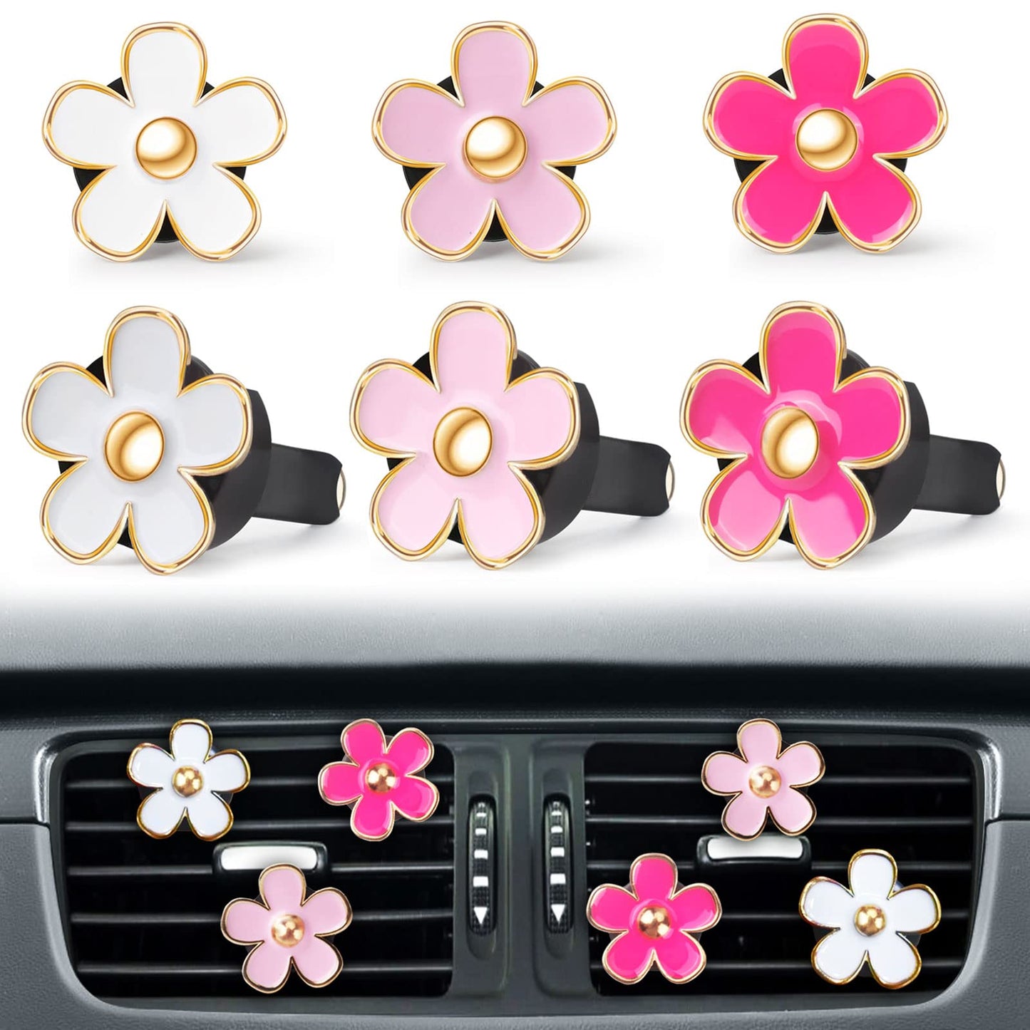 Pink Car Accessories for Women Teen Girls 6PCS Cute Auto Scent Air Fresheners Vent Clips Girly Daisy Flower Decorations Interior Aesthetic Things Cars Perfume Decor Stuff Christmas Gifts for Her Mom