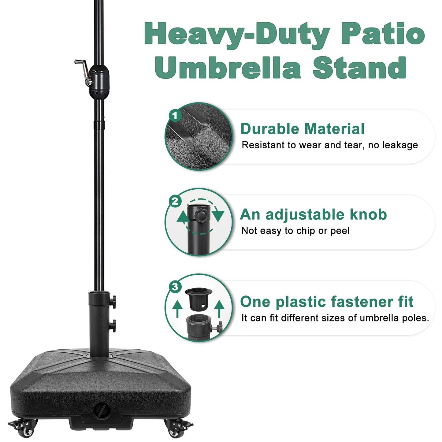 RAOKUKH DZ4733 MS Patio Umbrella Base Heavy Duty with Wheels Square Market Stand for Outdoor 4 Locks 1 Knobs 125lb Capacity, Black