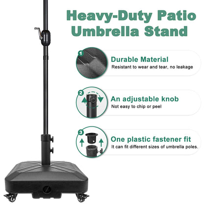 RAOKUKH DZ4733 MS Patio Umbrella Base Heavy Duty with Wheels Square Market Stand for Outdoor 4 Locks 1 Knobs 125lb Capacity, Black