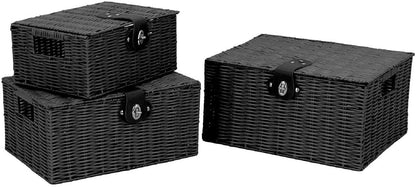 Homepeaz Set of 3 Woven Storage Basket Box Wicker Hamper Stackable Bin with Lid & Lock, Built-in Carry Handles, Organizer for Nursery, Baby Closet, Diaper, Toys, Home, Office, Laundry, DVD (Black)