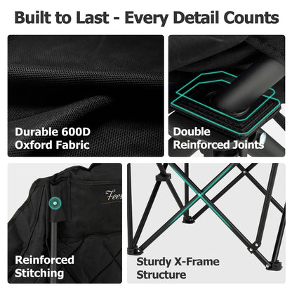 Overmont Oversized XL Camping Chair for Adults - 450lbs Support Heavy-Duty Padded Folding Chair with Side Pocket Cup Holder Cooling Bag for Outdoor Sports Garden Beach Fishing Lawn Black