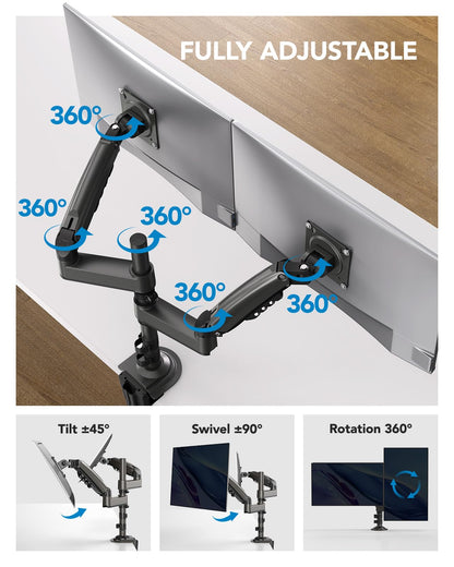 HUANUO 17-32 Inch Dual Monitor Stand, Gas Spring Dual Monitor Mount, Monitor Stand 2 Monitors, Ergonomic Adjustable Tilt/Swivel/Rotate, Weight Max 19.8 lbs, VESA 75/100mm