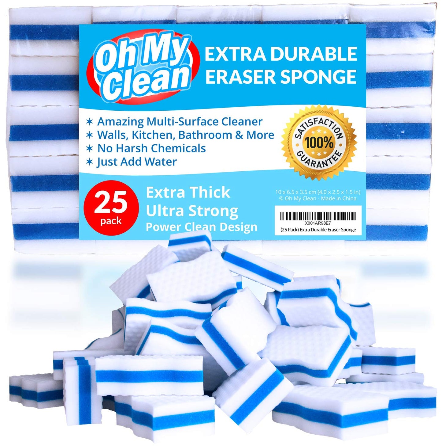 (25 Pack) Extra Durable Eraser Sponge - Extra Thick, Long Lasting, Premium Melamine Sponges in Bulk - Multi-Purpose Power Scrubber - Bathroom, Kitchen, Floor, Bathtub, Toilet, Baseboard, Wall Cleaner