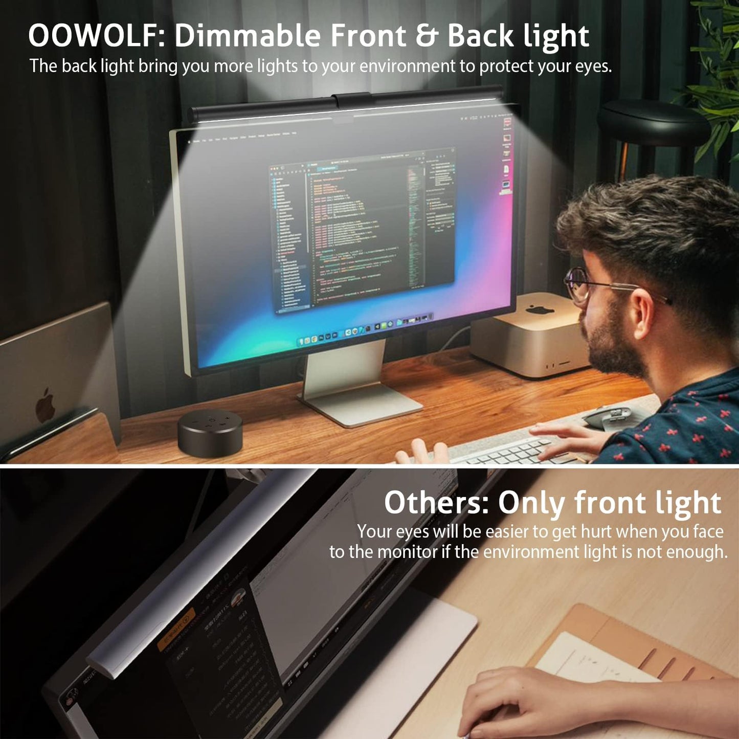 OOWOLF Monitor Light Bar with Remote, Ra95 Computer Monitor Lamp for Eye Caring, USB Reading LED Task Lamp with Dimming, Dimmable Light Bar with Backlight, No Glare Space Saving Home Office Desk Lamp