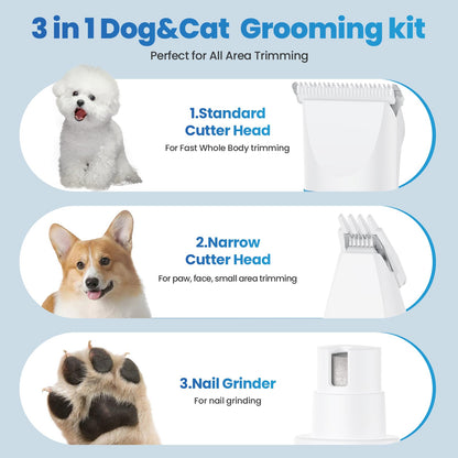 PETYGO 3-in-1 Dog & Cat Grooming Kit - Rechargeable Cordless Pet Hair Clippers with Nail Grinder & Paw Trimmer & 5 Guide Combs, Low Noise Dog Clippers for Grooming Small Medium Pets