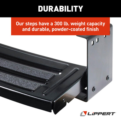 Lippert Components Radius 24" Single Manual RV Step Assembly, 300 lbs. Anti-Slip Steps, Compact One-Hand Expand or Collapse, Black Powder Coat, Travel Trailers, 5th Wheels, Campers - 432678