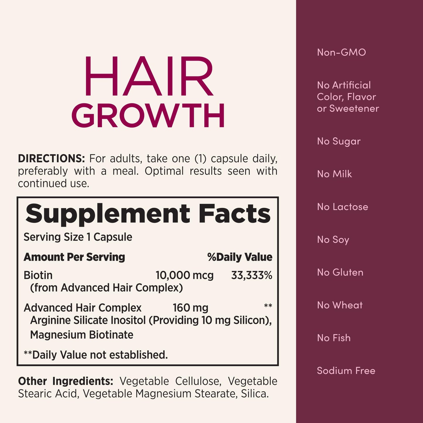 Nature's Bounty Optimal Solutions Hair Growth Supplement with Biotin, Hair Growth Vitamins with Biotin Silicon & Arginine, 1 Per Day, 30 Capsules, One Month Supply