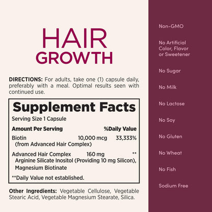 Nature's Bounty Optimal Solutions Hair Growth Supplement with Biotin, Hair Growth Vitamins with Biotin Silicon & Arginine, 1 Per Day, 30 Capsules, One Month Supply