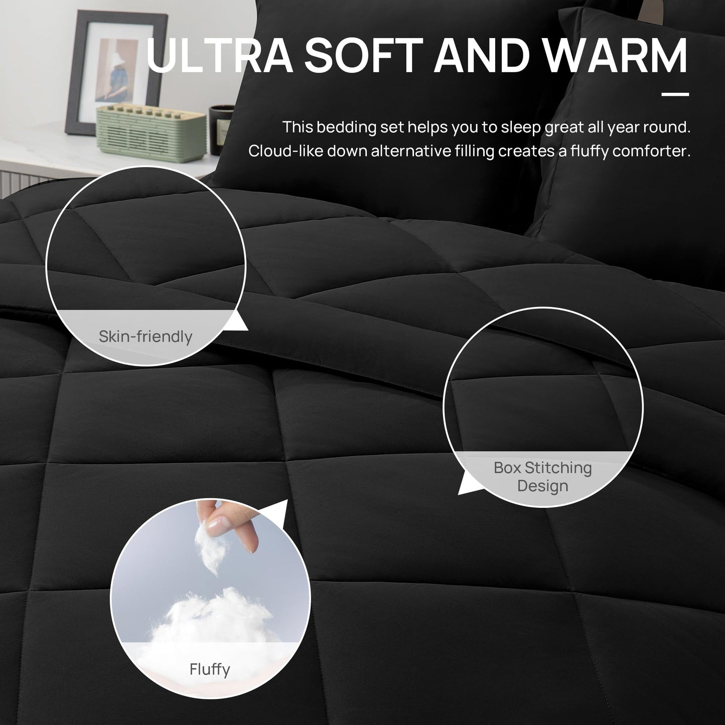 Love's cabin Full Comforter Set Black, 7 Pieces Full Bed in a Bag, All Season Full Bedding Sets with 1 Comforter, 1 Flat Sheet, 1 Fitted Sheet, 2 Pillowcase and 2 Pillow Sham