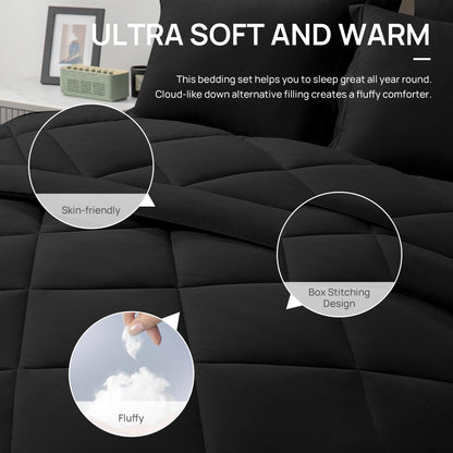 Love's cabin Queen Comforter Set Black, 7 Pieces Queen Bed in a Bag, All Season Bedding Sets with 1 Comforter, 1 Flat Sheet, 1 Fitted Sheet, 2 Pillowcase and 2 Pillow Sham