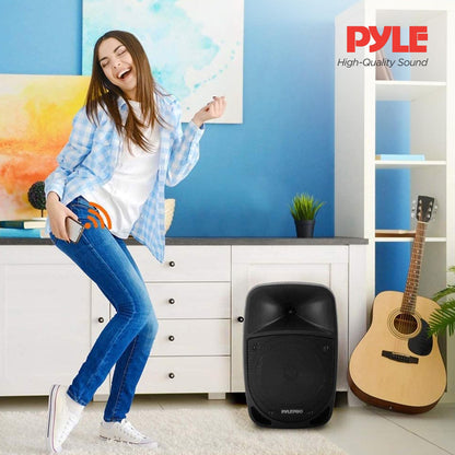 Pyle 800W Portable Bluetooth PA Speaker - 8’’ Subwoofer, LED Battery Indicator Lights w/ Built-in Rechargeable Battery, MP3/USB/SD Card Reader, and UHF Wireless Microphone - Pyle PSBT85A,Black