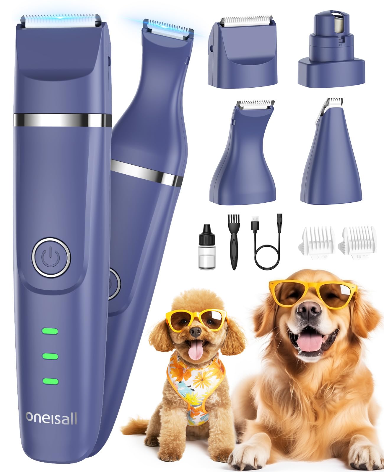 oneisall Dog Clippers & Dog Paw Trimmer 4-in-1 Cordless Grooming Kit: 2-Speed Low Noise Clippers with Rechargeable Quiet Nail Grinder for Dogs & Cats (Blue)
