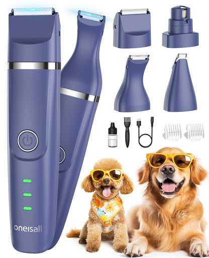 oneisall Dog Clippers & Dog Paw Trimmer 4-in-1 Cordless Grooming Kit: 2-Speed Low Noise Clippers with Rechargeable Quiet Nail Grinder for Dogs & Cats (Blue)