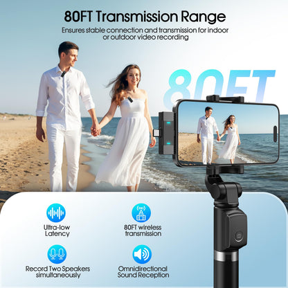 2 Pack Wireless Lavalier Microphone for iPhone iPad Android, Active Noise Reduction Mini Microphone with Charging Case 7H Clip On Microphones for Interview, Recording, Vlogging, Live Streaming, 80ft