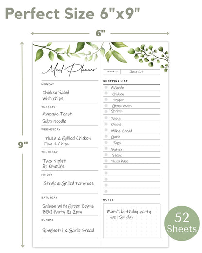 Magnetic Meal Planning Pad for Fridge 52 Undated Tear-off Sheets, 6x9 Inch Meal Planning Notepad for Meal Planner & Grocery List with Magnet, Weekly Meal Planner with Tear Off Shopping List