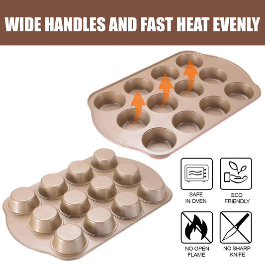 JOHO BAKING Nonstick Muffin & Cupcake Pan Set (2 Pack) - 12 Cup Regular + 24 Cup Mini Muffin Tins | Heavy Duty Gold Carbon Steel, Rust-Resistant, Easy Release