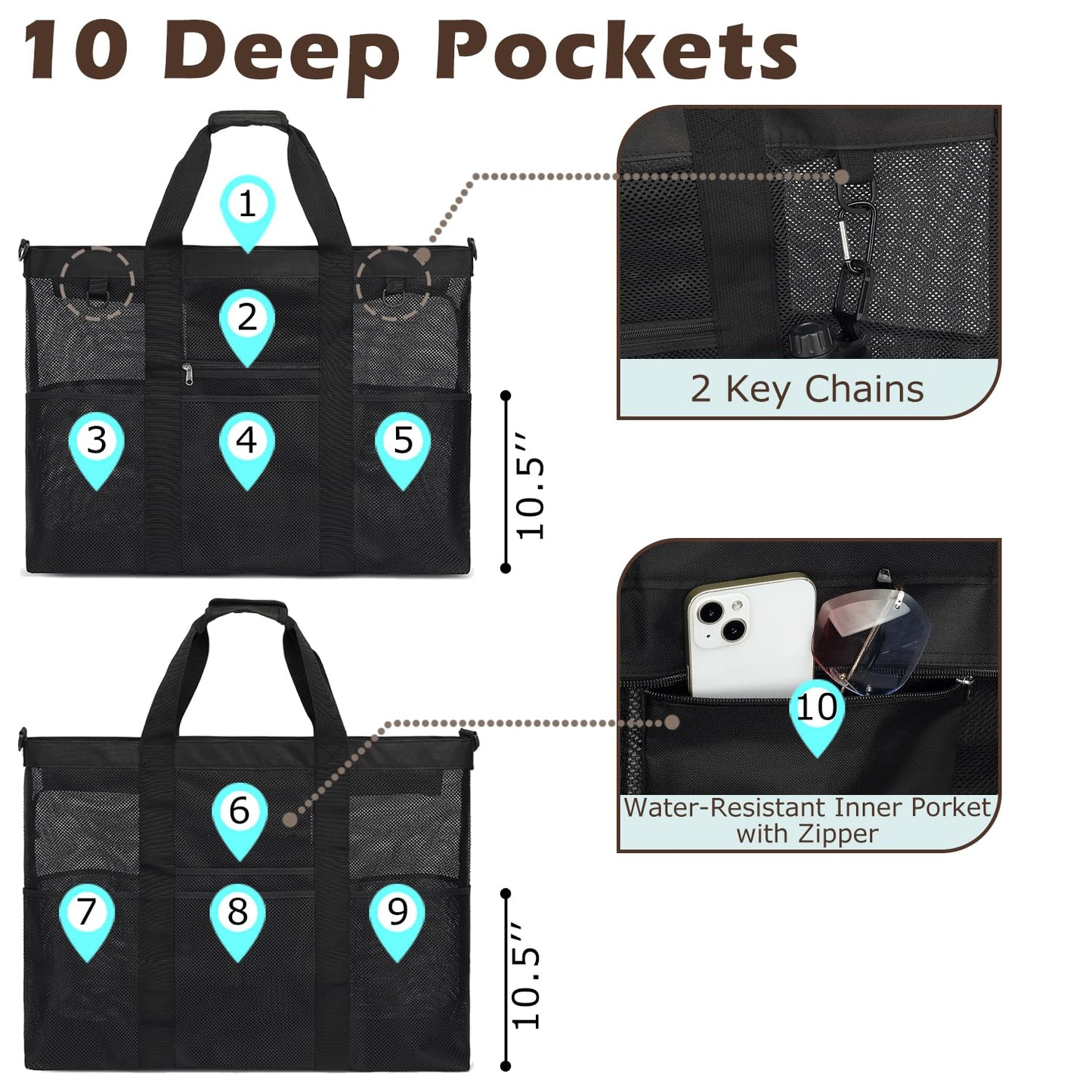 Fammart Extra Large Mesh Beach Bag for Family, Pool Travel Tote Bag with Zipper Closure, 10 Pockets, Sandproof Bottom