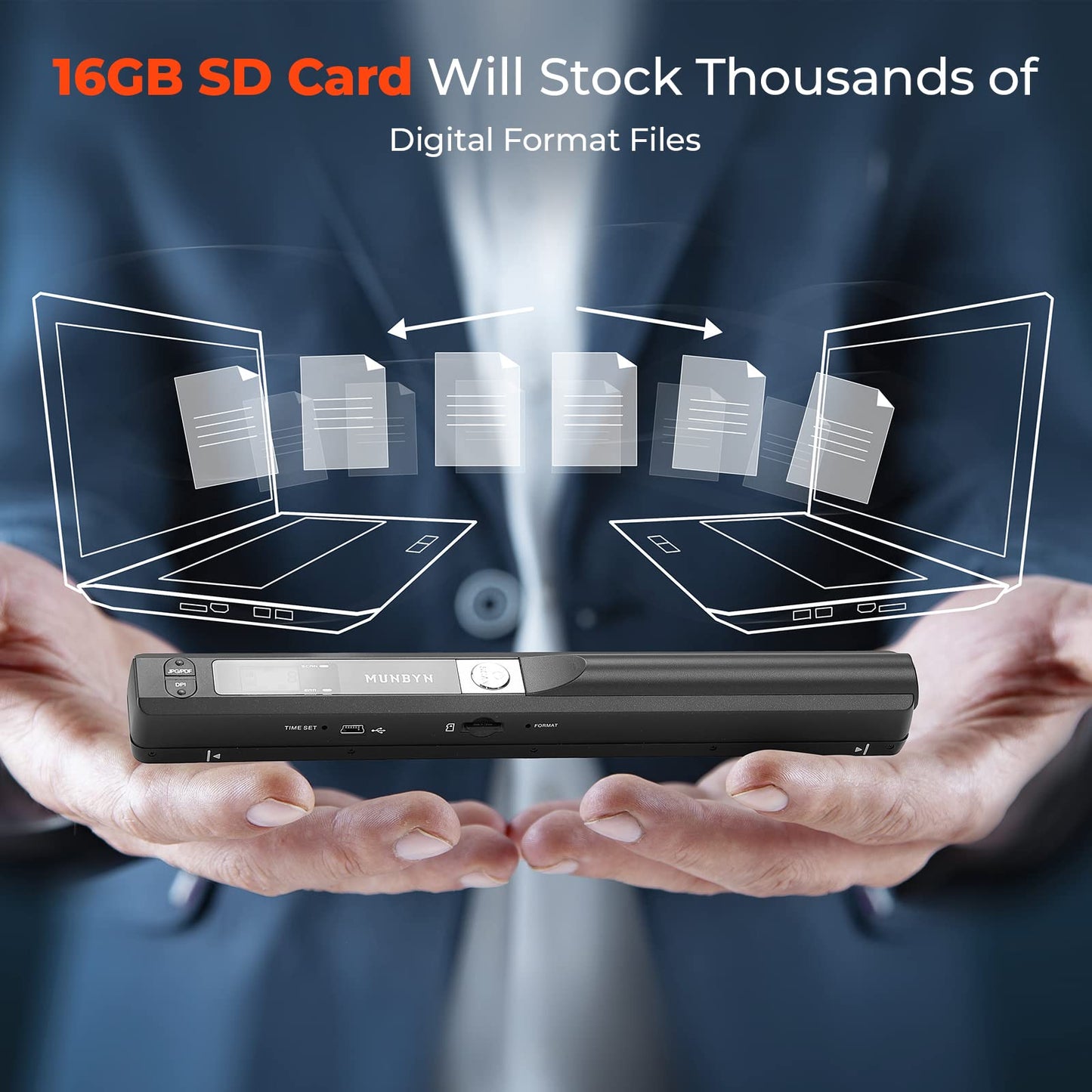 MUNBYN Portable Scanner, Photo Scanner for A4 Documents Pictures Pages Texts in 900 Dpi, Flat Scanning, Include 16G SD Card, Wand Document Reader Uploads Images to Computer Via USB Cable, No Driver