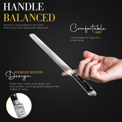 Luxury Brisket & Carving Knife - Thoughtful Gifts for Men and Dad - 12" Japanese AUS-10V Damascus Steel - 63+ HRC - Razor Sharp, Full Tang, Military Grade Ergonomic Handle