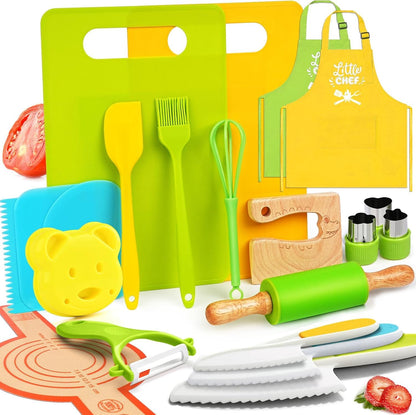 Montessori Kitchen Tools for Toddlers-21PCS Kids Cooking Sets Real-Montessori Cooking Set for Toddlers Kids Chef Set with Children Safe Knives Cutting Set