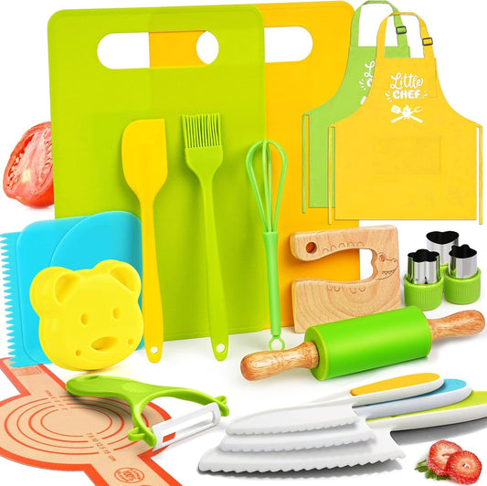 Montessori Kitchen Tools for Toddlers-21PCS Kids Cooking Sets Real-Montessori Cooking Set for Toddlers Kids Chef Set with Children Safe Knives Cutting Set